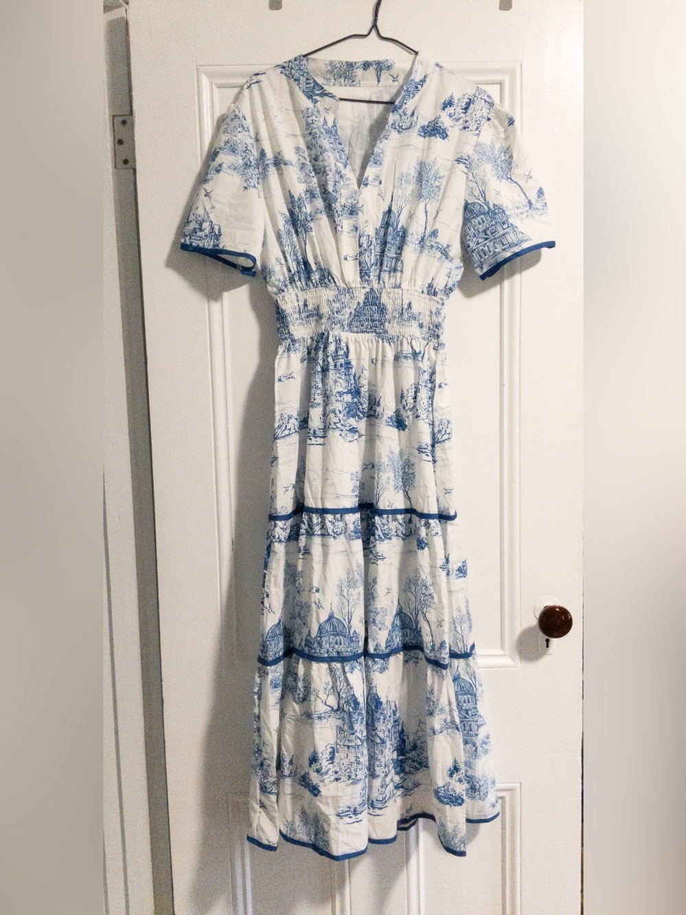 Blue & White Toile Short-Sleeve Maxi Dress with Smocked Waist